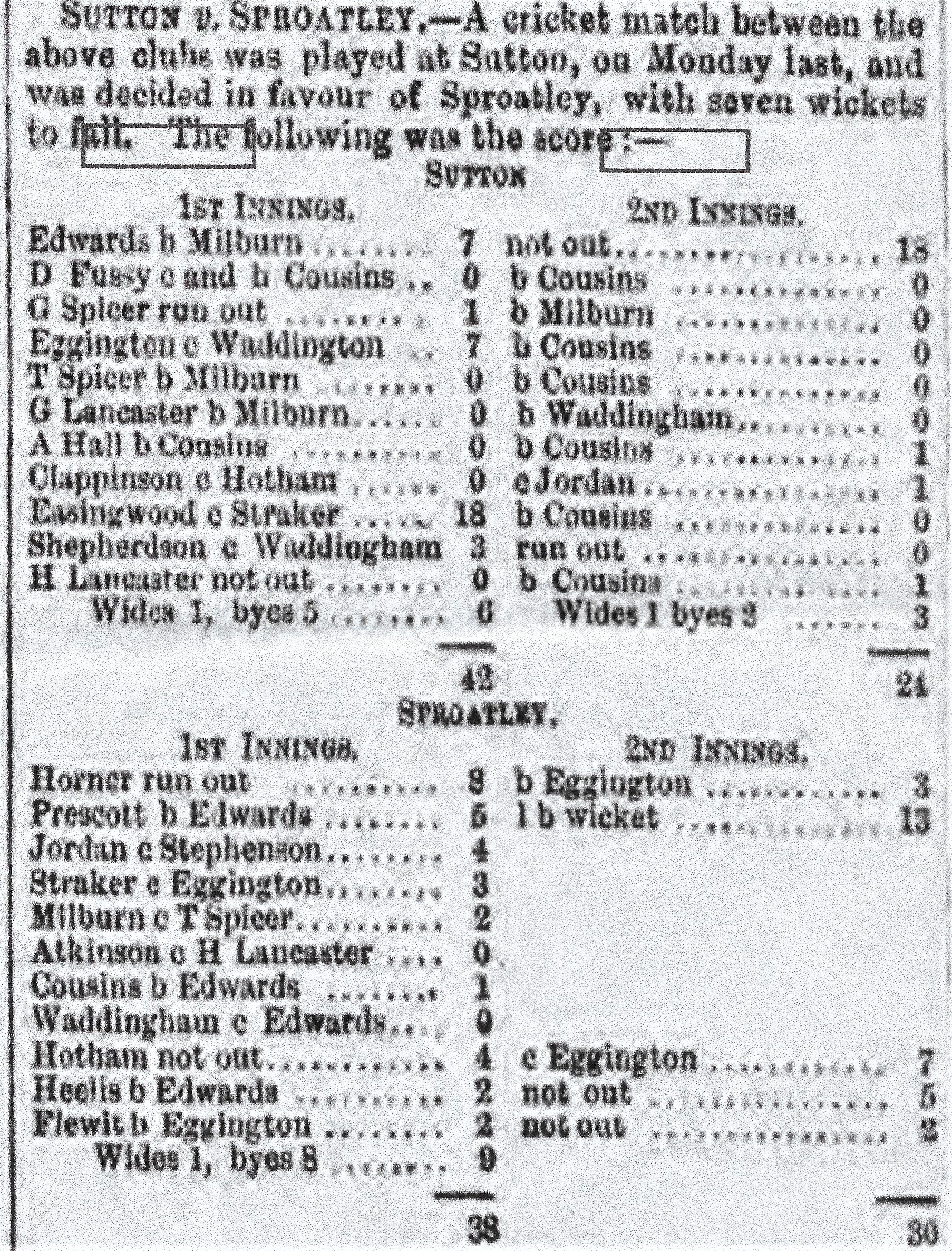 First Known Sutton CC Scorecard from the Hull Packet 1859